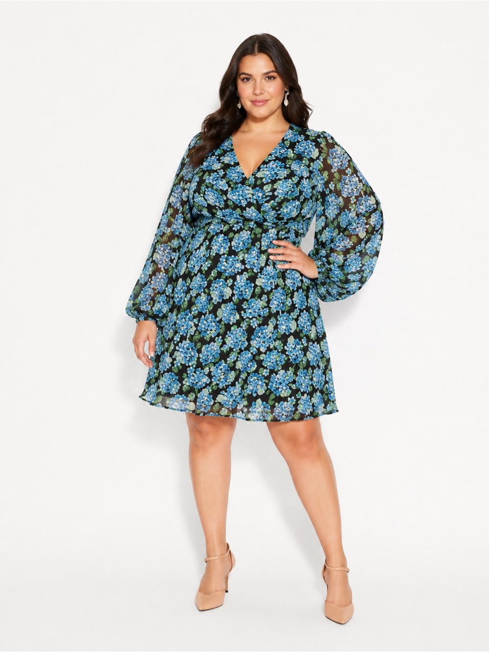 City Chic Lenna Blue Hydrangea Faux Wrap Dress Size 18 M Floral Brunch Tea Party